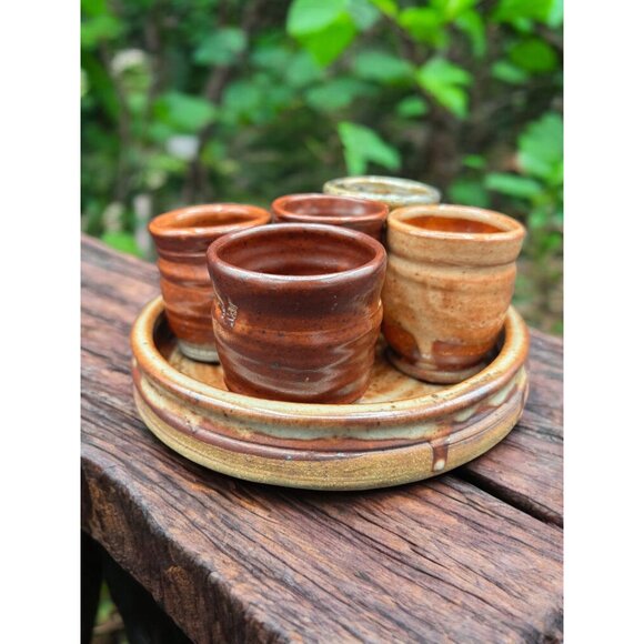 Vintage Studio Art Pottery Sake / teacup stoneware 6 cups + tray Hand Thrown - Picture 7 of 11